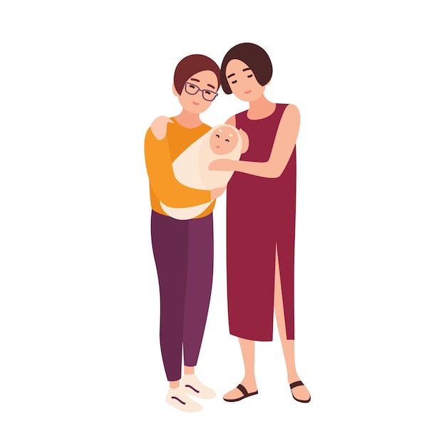 Vetor par de giros mulheres homossexuais juntos, segurando o bebê recém-nascido e sorrindo. feliz família lgbt com criança. personagens de desenhos animados plana isolados no fundo branco. ilustração colorida.