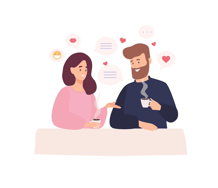 Vetor par de homem adorável e mulher sentada à mesa do café, bebendo café e conversando. primeiro encontro romântico com pessoa encontrada através do site ou aplicativo de namoro