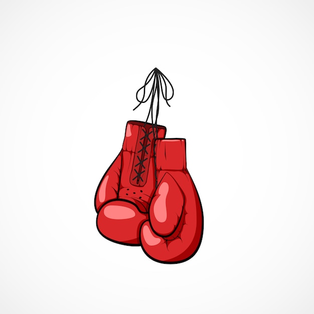 Vetor par de luvas boxers vermelhas desenhadas à mão em uma corda. símbolo da arte marcial e do esporte. conceito de competições de boxe. ilustração em fundo branco