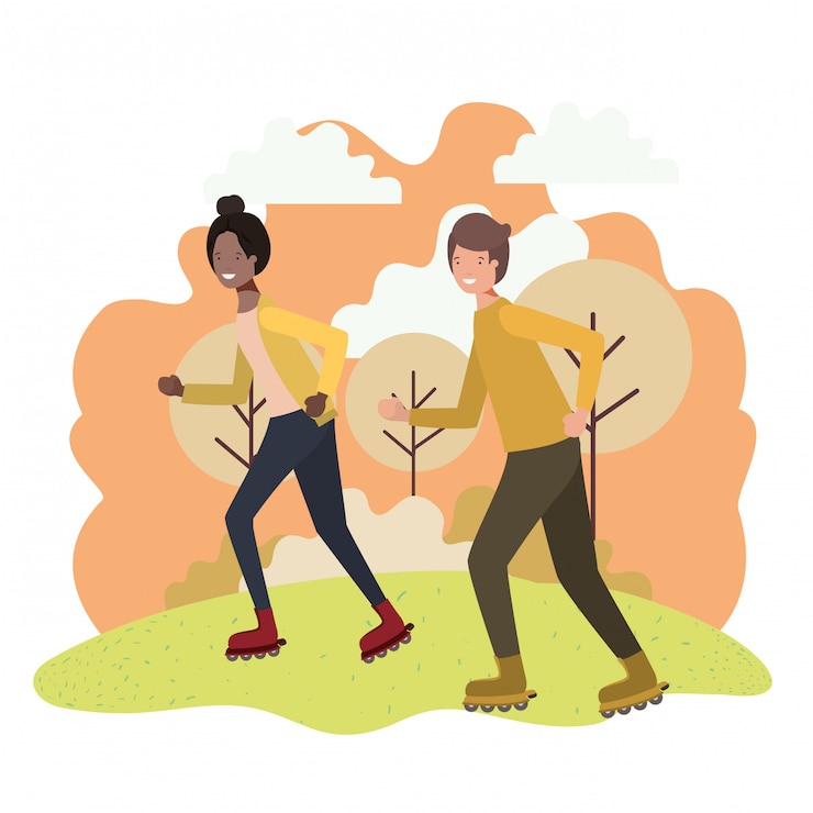 Vetor par jovem, em, patins, caráteres