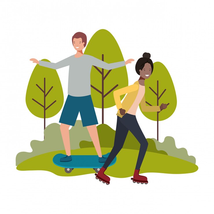 Vetor par jovem, prática, esportes, caráteres