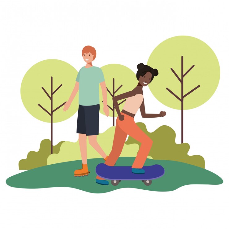 Vetor par jovem, prática, esportes, caráteres