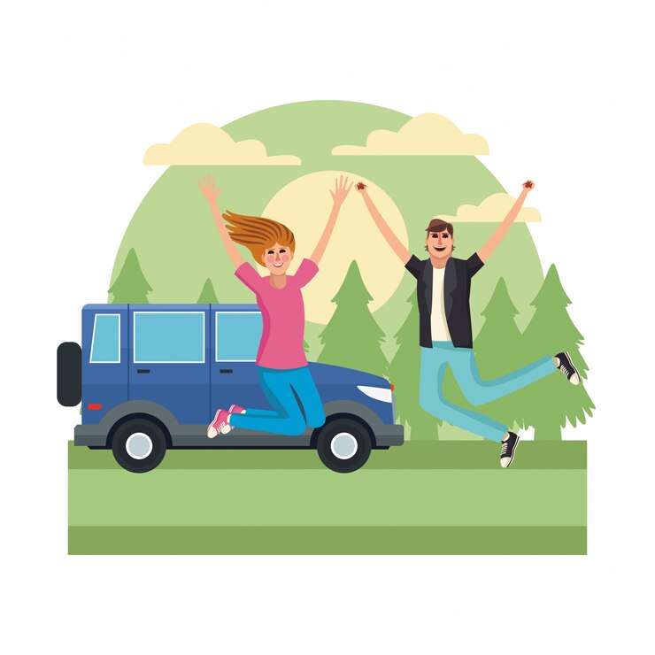 Vetor par jovem, viajando, com, veículo