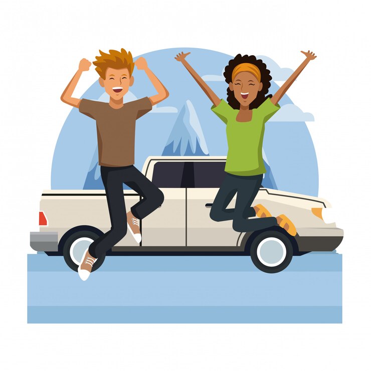 Vetor par jovem, viajando, com, veículo