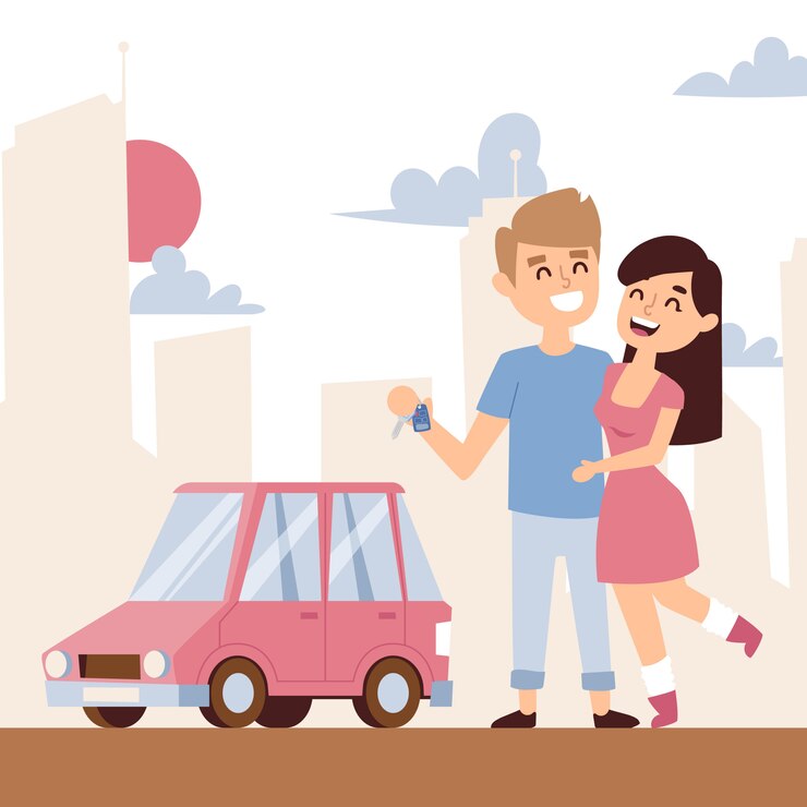 Vetor par romântico com carro novo