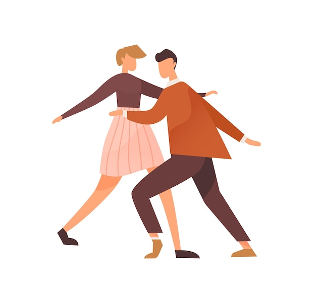 Par sem rosto dançando lindy hop ou boogie woogie. homem e mulher bonitos gostam de festa. casal de dançarinos de swing da década de 1940. ilustração em vetor plana isolada no fundo branco.