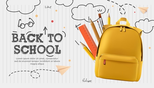 para a escola cartaz bandeira mochila amarela papel de papel aviões desenho doodle em alinhado