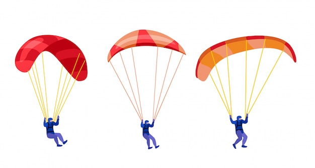 Vetor pára-quedistas descendo com pára-quedas definido. personagens de parapente e para-quedas pulando em branco, parapente e para-quedista ilustração, hobby de para-quedista e atividades esportivas