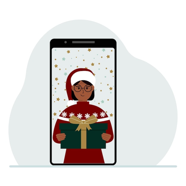 Vetor parabéns em vídeo feliz natal ou ano novo celular com uma mulher de boné vermelho com uma caixa de presente o conceito de uma celebração segura parabéns on-line