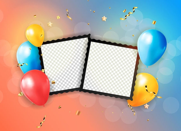 Parabéns feliz aniversário banner design com confete, balões e fita de brilho brilhante para fundo de férias de festa. ilustração vetorial eps10