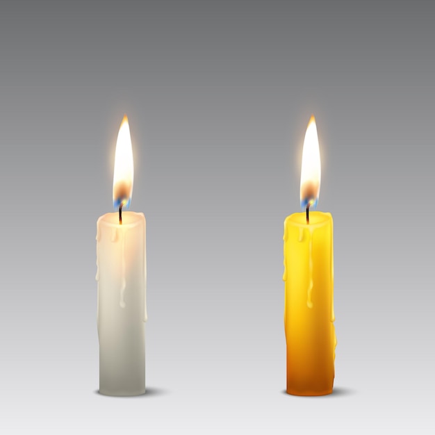 Parafina branca e laranja realista de vetor 3d ou ícone de vela de festa queimando cera conjunto close up isolado. modelo de design, clipart para gráficos.