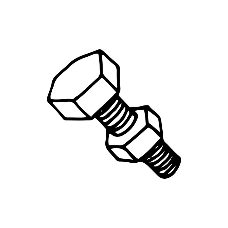 Vetor parafuso desenhado à mão com ícone de porca doodle. esboço preto desenhado de mão. sinal de símbolo de desenho animado. elemento de decoração. fundo branco. isolado. design plano. ilustração vetorial