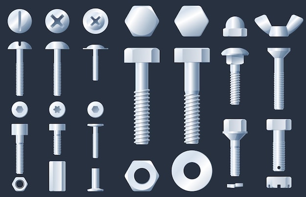 Parafusos de fixação de metal com porcas vista superior e lateral de diferentes tipos de aço