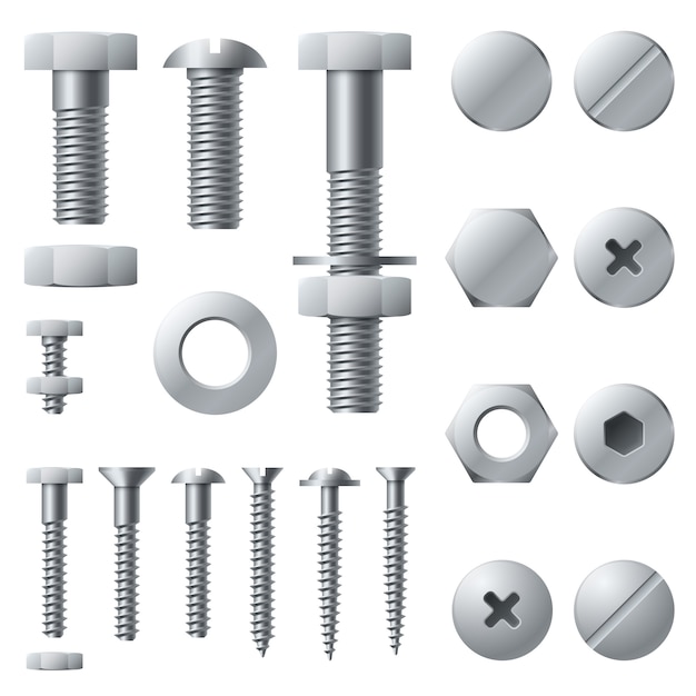 Parafusos de metal. elementos de construção de aço de cabeça de rebite de porca de parafuso. conjunto isolado de parafusos realista
