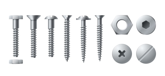 Parafusos de metal parafuso porca rebite parafusos autorroscantes realistas isolados modelo de sortimento de oficina redondo ou hexágono tampas de fixação industrial hardware de construção conjunto de ferramentas de reparo de aço