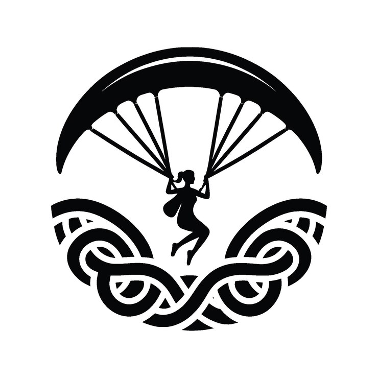 Vetor paragliding parasailing skydiving jogadora feminina em padrão de nó celta ilustração emblema escudo insígnia
