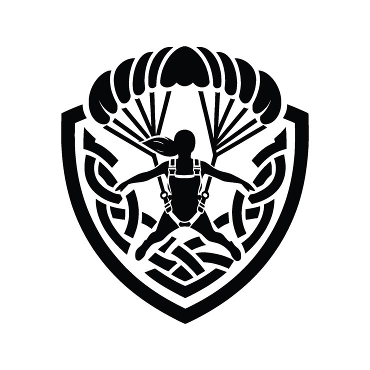 Vetor paragliding parasailing skydiving jogadora feminina em padrão de nó celta ilustração emblema escudo insígnia