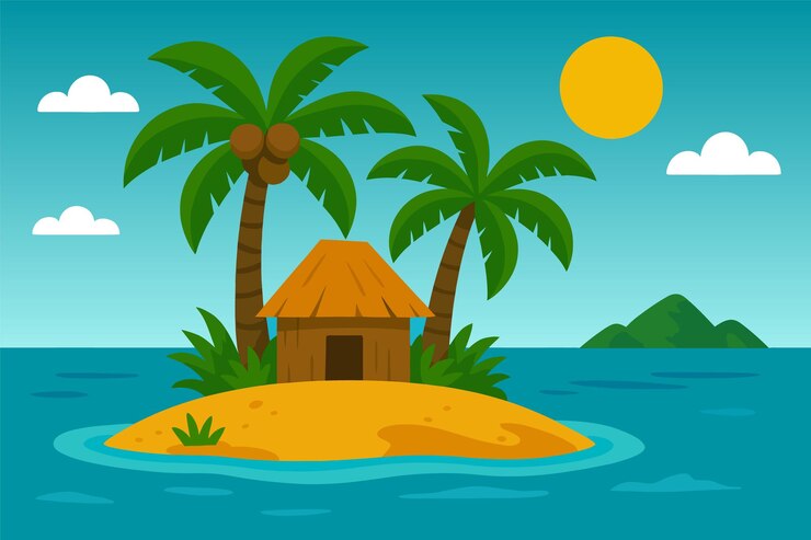 Vetor paraíso de ilha tropical com palmeiras e cabana