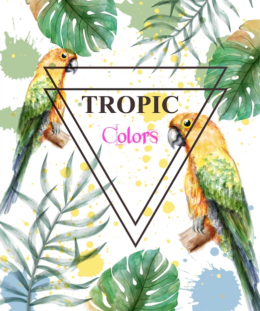 Paraíso tropical com papagaios em aquarela e folhas de palmeira