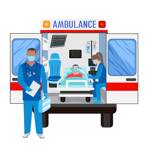 Vetor paramédicos que ajudam um paciente em uma ambulância