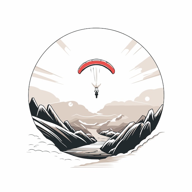 Vetor parapente voando nas montanhas ilustração vetorial em círculo