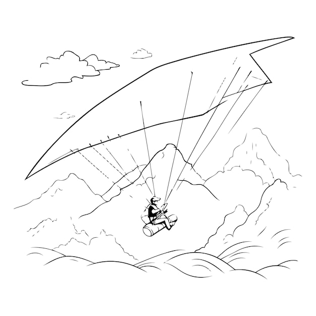 Parapente voando sobre as montanhas ilustração vetorial desenhada à mão
