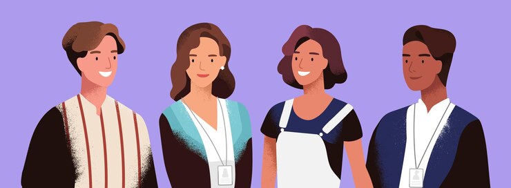 Vetor parceiros de negócios, equipe, ilustração vetorial de colegas de trabalho. parceria, trabalho em equipe, conceito de cooperação. funcionários da empresa, colegas, personagens de desenhos animados de empresários isolados em fundo azul.