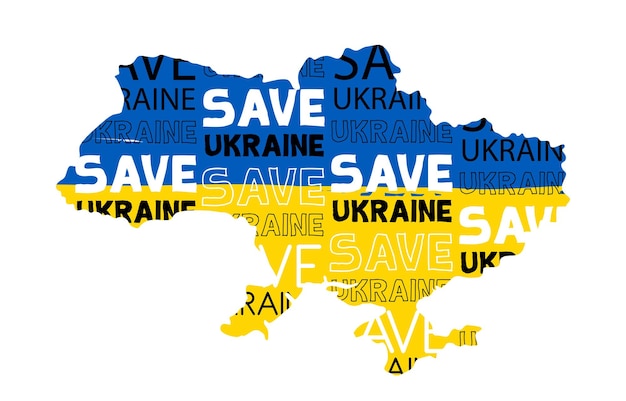 Pare a guerra com o mapa plano da Ucrânia em fundo branco, salve a Ucrânia do desenho vetorial da Rússia