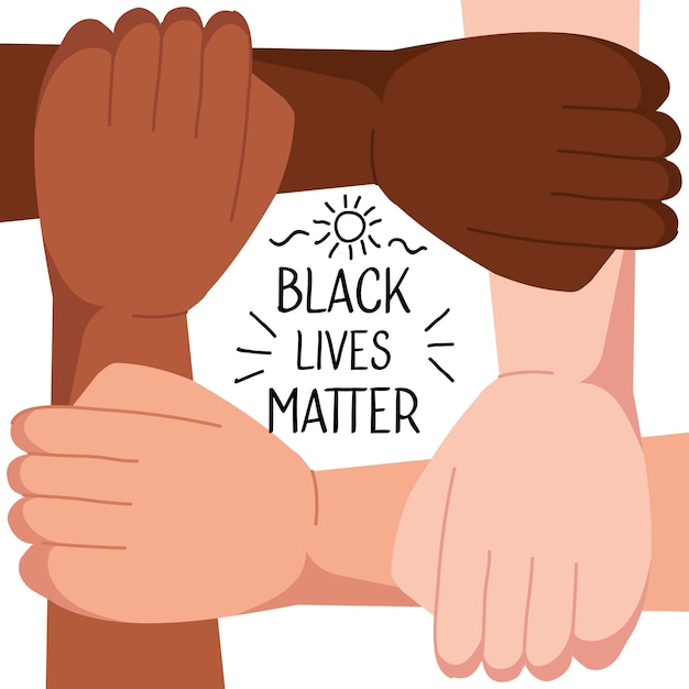 Vetor pare o racismo, com quatro mãos dadas, o conceito de vida negra