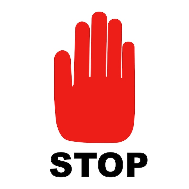 Vetor pare o sinal com a mão. a mão vermelha mostra uma parada, a parte inferior em letras pretas para. ícone em um branco