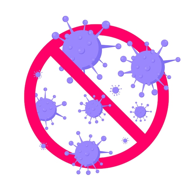 Pare vírus e bactérias ruins ou sinal de proibição de germes grandes vírus ou gemas no círculo vermelho de parada