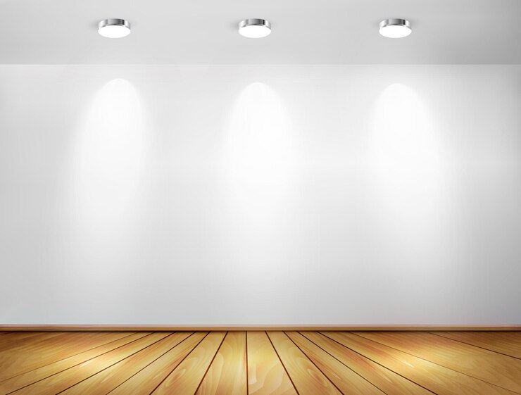Vetor parede com focos e pavimento em madeira. conceito de showroom. .