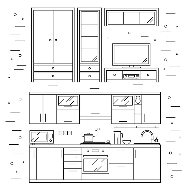 Parede da cozinha moderna e interior da sala de estar
