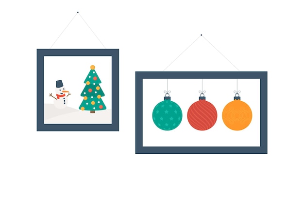 Parede da galeria, design de cartão de feliz natal e feliz ano novo. imagens penduradas de natal e ano novo. ilustração plana das fotos do tema do feliz natal pendurada no fundo da parede branca