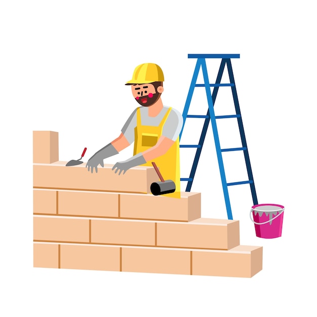 Parede de casa de construção de construtor com vetor de tijolos. homem de engenheiro pedreiro industrial instalando blocos na parede de construção com cimento e espátula. character constructor flat cartoon illustration