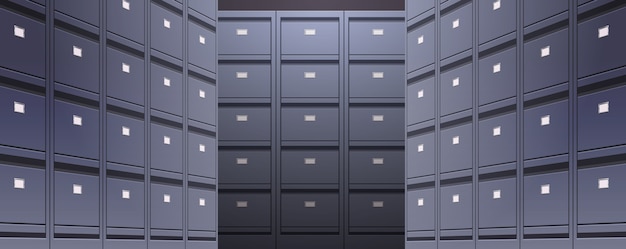 Parede de escritório de arquivo de documentos de arquivo de documentos pastas de armazenamento para arquivos conceito de administração de negócios ilustração vetorial horizontal