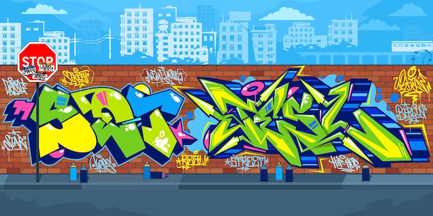 Parede de graffiti urbana colorida ao ar livre na moda com desenhos vetor