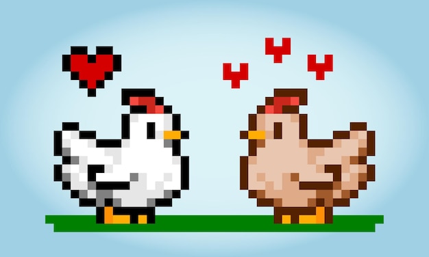 Galo e galinha de pixel de 8 bits. animal para ativos de jogo e