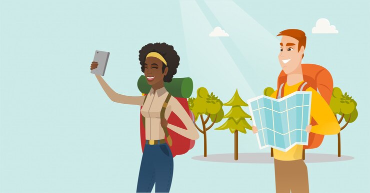 Vetor pares de viajantes multi-étnicos que fazem o selfie.
