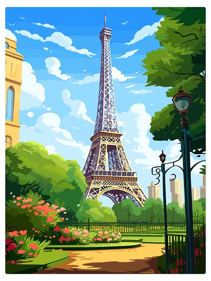 Vetor paris frança poster de viagem vintage souvenir cartão postal retrato pintura ilustração wpa