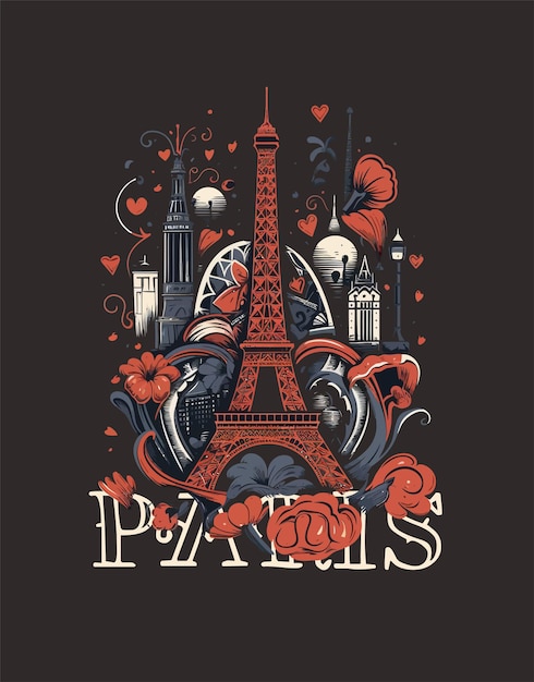 Paris, na França, cidade do amor e dos amantes, t-shirt turístico, vetor de design de logotipo