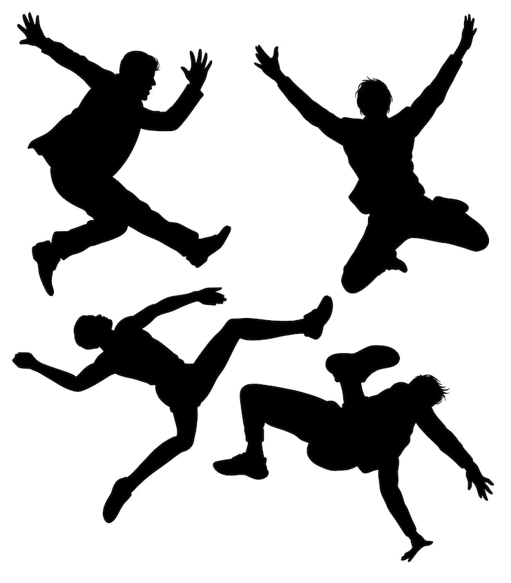 Vetor parkour e dançarina pulando pose silhueta esporte