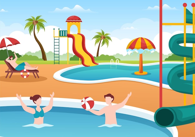 Parque aquático com piscina e as pessoas nadam para recreação em ilustração plana dos desenhos animados