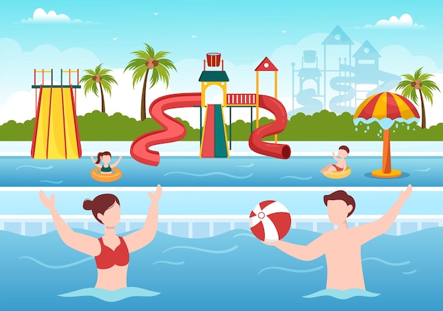 Parque aquático com piscina e as pessoas nadam para recreação em ilustração plana dos desenhos animados