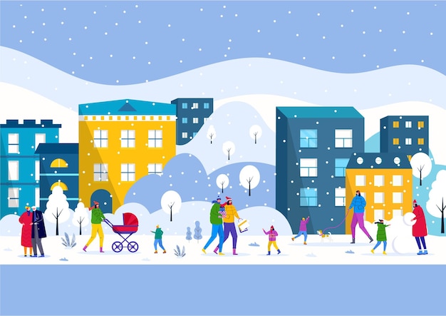 Parque da cidade de inverno, os pais caminham com as crianças e se divertem ao ar livre. As pessoas fazem boneco de neve na floresta. Modelo de vetor para cartão de convite, design de folheto, cartão postal, plano de fundo de férias