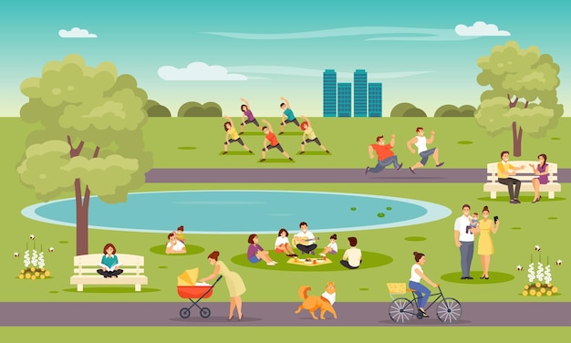 Parque da cidade veranistas pessoas fitness ao ar livre encontrando amigos família ilustração vetorial