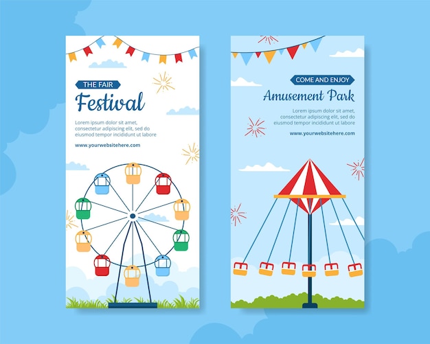 Parque de diversões carnaval modelo de banner vertical mão desenhada desenhos animados ilustração plana