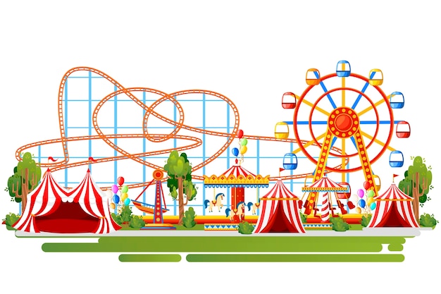 Parque de diversões. . montanha-russa, carrossel, navio pirata e tendas vermelhas. ilustração em fundo branco. página do site e aplicativo móvel.