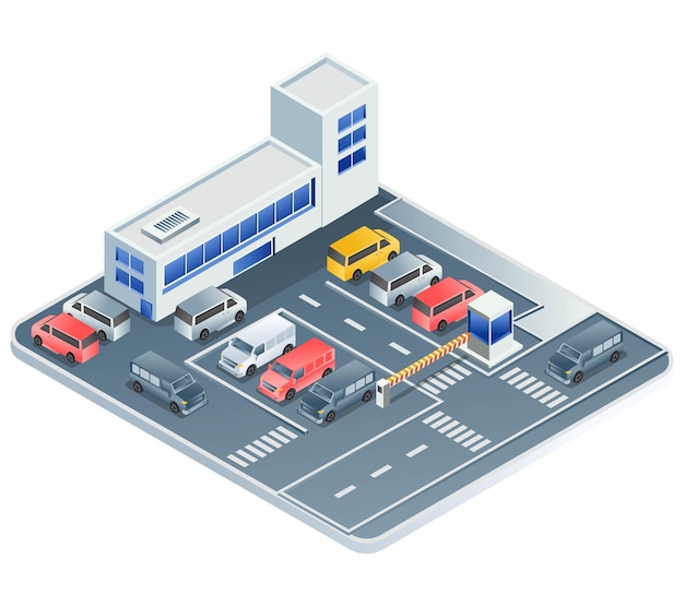 Parque de estacionamento da empresa automóvel em ilustração isométrica