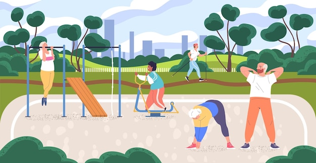 Parque de exercícios para idosos Pessoas idosas se exercitam na natureza esportes jardim da cidade ginásio de fitness ao ar livre exercitando aposentados idade homem feliz sênior estilo de vida saudável ilustração vetorial elegante